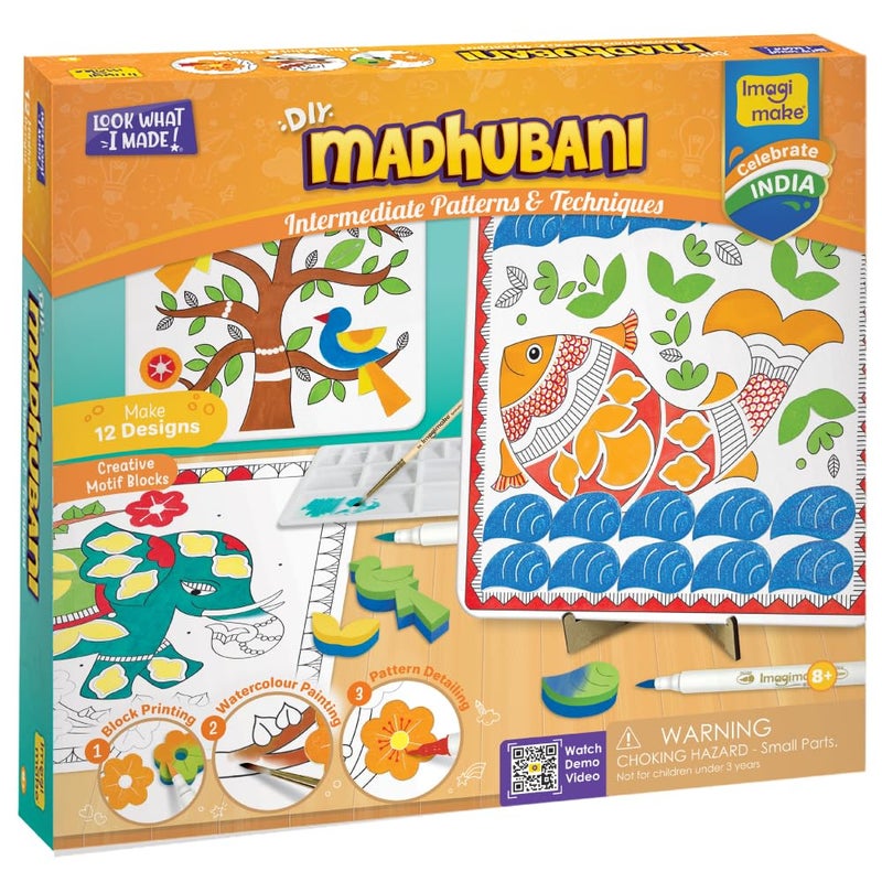 Imagimake DIY Madhubani Art Kit | Make 12 Paintings | Madhubani Painting & Colouring Kit Using Water Brush Pen & Stamps | Art & Craft Kit for Kids & Adults | Gift for Girls Age 8,9,10,11,12 - Image 1