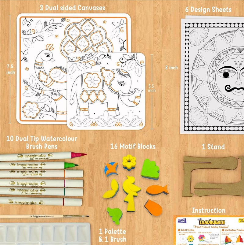 Imagimake DIY Madhubani Art Kit | Make 12 Paintings | Madhubani Painting & Colouring Kit Using Water Brush Pen & Stamps | Art & Craft Kit for Kids & Adults | Gift for Girls Age 8,9,10,11,12 - Image 2