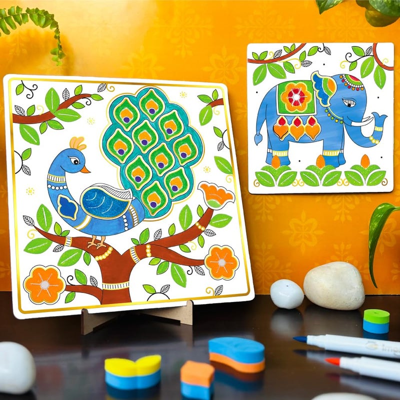 Imagimake DIY Madhubani Art Kit | Make 12 Paintings | Madhubani Painting & Colouring Kit Using Water Brush Pen & Stamps | Art & Craft Kit for Kids & Adults | Gift for Girls Age 8,9,10,11,12 - Image 5