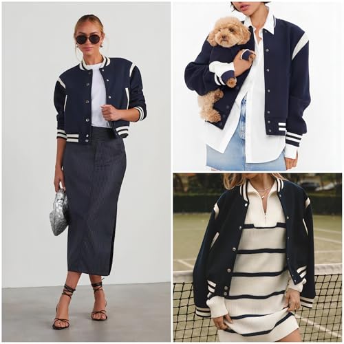 Zeagoo Women's Bomber Jacket Varsity Casual Lightweight Coat Button Up School Outerwear Trendy Windbreaker with Pockets - Image 5