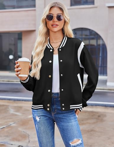Zeagoo Women's Bomber Jacket Varsity Casual Lightweight Coat Button Up School Outerwear Trendy Windbreaker with Pockets - Image 3