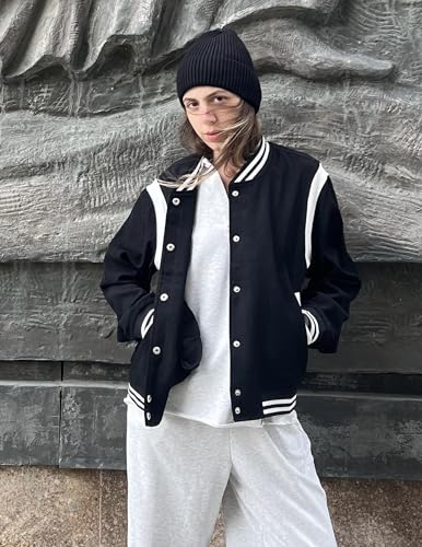 Zeagoo Women's Bomber Jacket Varsity Casual Lightweight Coat Button Up School Outerwear Trendy Windbreaker with Pockets - Image 4