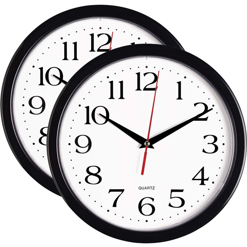 Bernhard Products Black Wall Clocks 2 Pack Silent Non Ticking 10 Inch Quality Quartz Battery Operated Round Easy to Read HomeOfficeSchool Clock