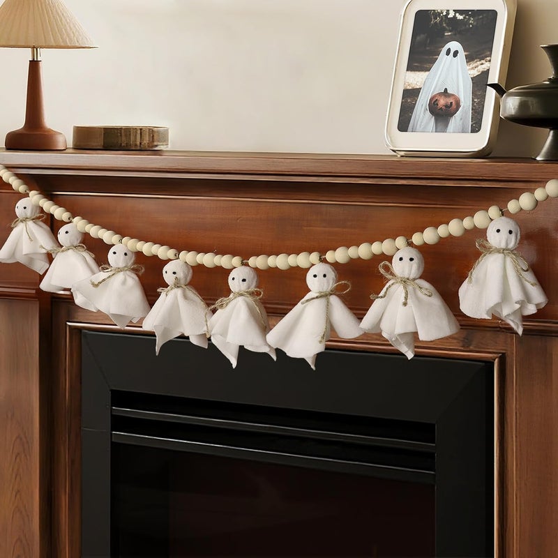 CESOF 7.2 FT Halloween Garland Ghost Decorations, Adjustable Hanging Cute Ghost Garland Mantel Decor, Handmade Wooden Beads Halloween Banner for Fireplace Home Room Indoor Outdoor Office Wall Party Supplies - Image 1