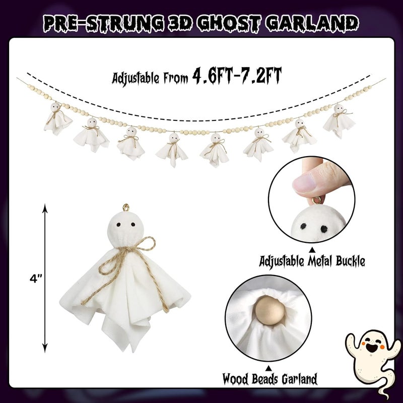 CESOF 7.2 FT Halloween Garland Ghost Decorations, Adjustable Hanging Cute Ghost Garland Mantel Decor, Handmade Wooden Beads Halloween Banner for Fireplace Home Room Indoor Outdoor Office Wall Party Supplies - Image 4