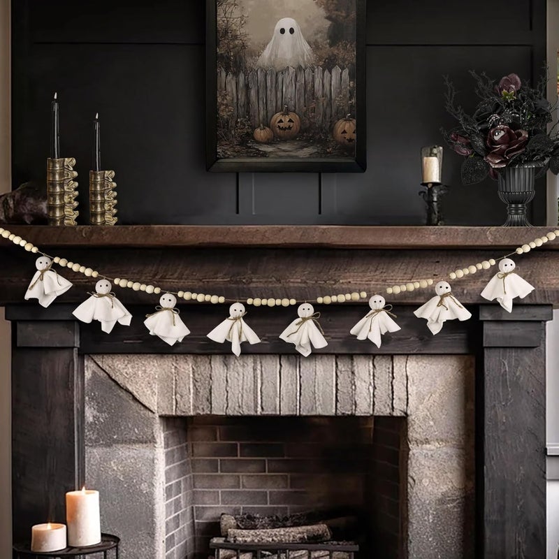CESOF 7.2 FT Halloween Garland Ghost Decorations, Adjustable Hanging Cute Ghost Garland Mantel Decor, Handmade Wooden Beads Halloween Banner for Fireplace Home Room Indoor Outdoor Office Wall Party Supplies - Image 2