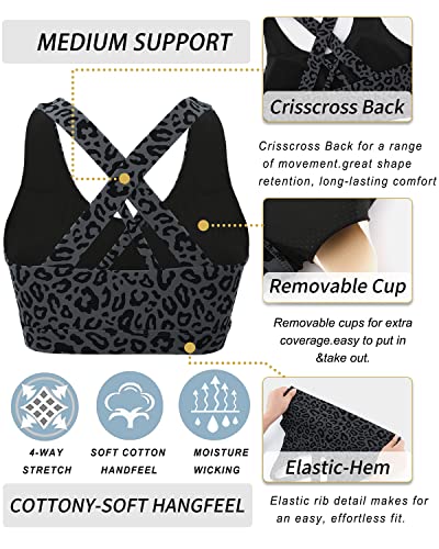 RUNNING GIRL حمالة صدر رياضية RUNNING GIRL للنساء، تصميم ظهر متقاطع مع حشوة، حمالات رياضية متوسطة الدعم، حمالة يوغا مع أكواب قابلة للإزالة (WX2353D-نقشة الفهد، M) - Image 4