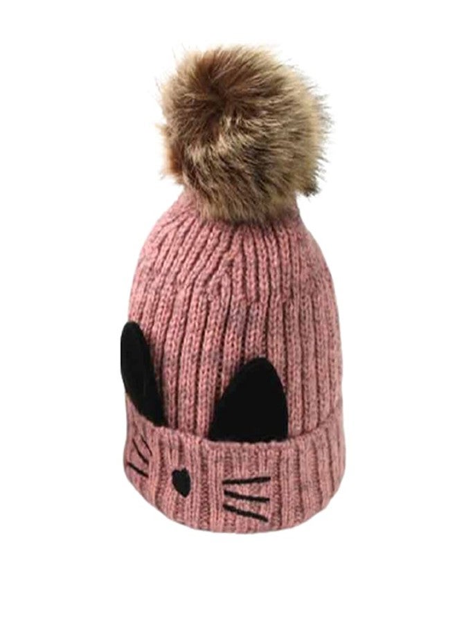 Malvina Kid's Boy's & Girl's Cute Cat Face Design Warm Knitted Winter Pom pom Cap with Fleece Neck Warmer (Pink) - Image 2