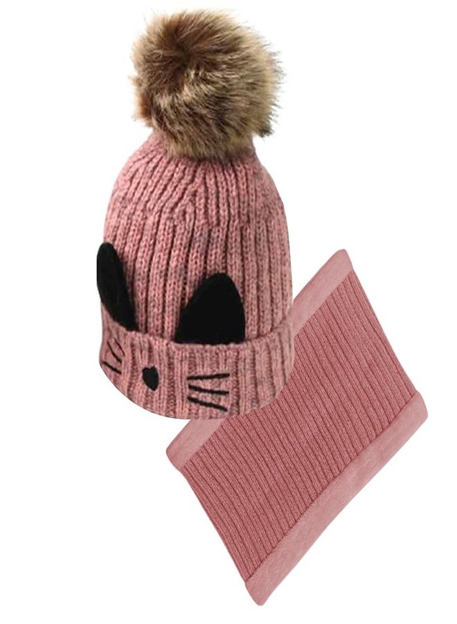 Malvina Kid's Boy's & Girl's Cute Cat Face Design Warm Knitted Winter Pom pom Cap with Fleece Neck Warmer (Pink) - Image 1