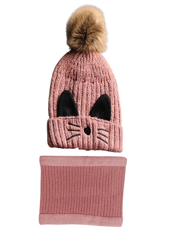 Malvina Kid's Boy's & Girl's Cute Cat Face Design Warm Knitted Winter Pom pom Cap with Fleece Neck Warmer (Pink) - Image 4