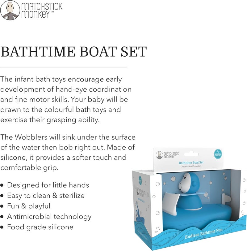Matchstick Monkey, Easy To Grip, Sensory Learning, Antimicrobial Baby Bath Toy - Bathtime Boat Set (1 Wobbler + 1 Boat), 12 Months Old+, Blue - Image 5