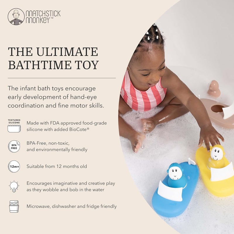 Matchstick Monkey, Easy To Grip, Sensory Learning, Antimicrobial Baby Bath Toy - Bathtime Boat Set (1 Wobbler + 1 Boat), 12 Months Old+, Blue - Image 3