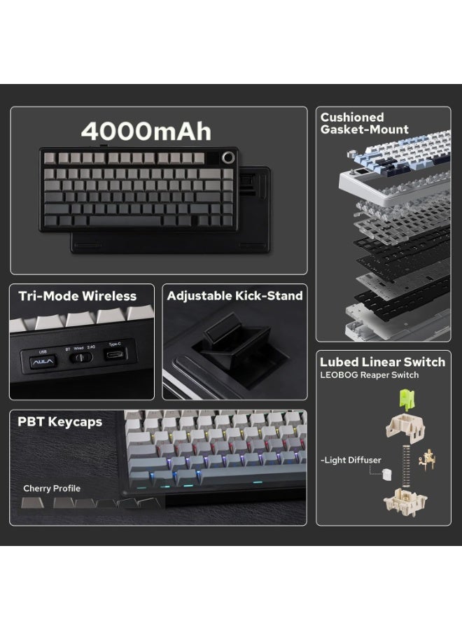 AULA F75 MAX Tri-Mode Wireless Mechanical Gaming Keyboard with TFT Screen & Knob, Reaper Switch, Hot-Swappable Keys, Gasket Mount, 2.4GHz/BT5.0/USB-C, for PC/Mac/Office/Gaming - Image 2