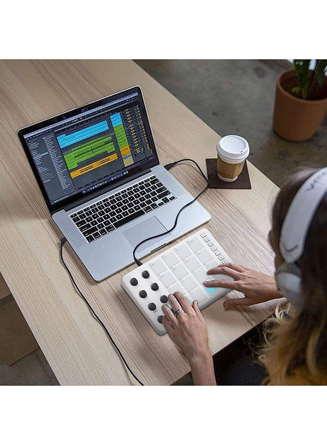 MIDI Controller Strike Pad RGB Backlight MIDI Keyboard BT Connection Low Latency 3.5mm Output Interface ith 16 Strike Pads 8 Assignable Knobs Note Repeat Portable MIDI Pad