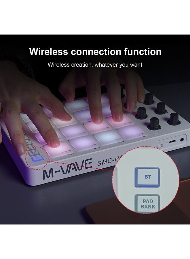 MIDI Controller Strike Pad RGB Backlight MIDI Keyboard BT Connection Low Latency 3.5mm Output Interface ith 16 Strike Pads 8 Assignable Knobs Note Repeat Portable MIDI Pad