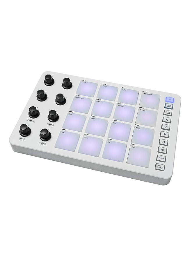 MIDI Controller Strike Pad RGB Backlight MIDI Keyboard BT Connection Low Latency 3.5mm Output Interface ith 16 Strike Pads 8 Assignable Knobs Note Repeat Portable MIDI Pad