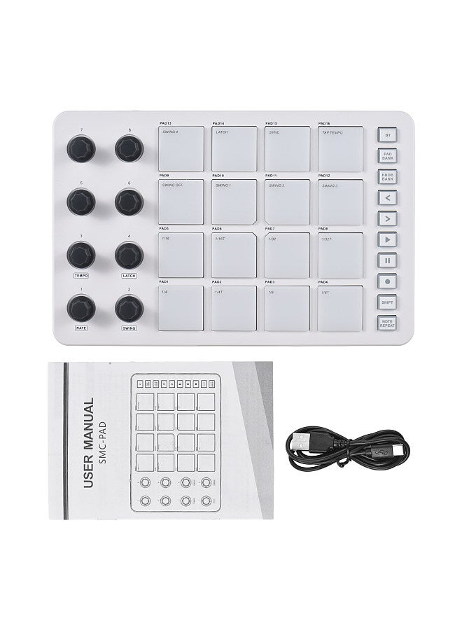 MIDI Controller Strike Pad RGB Backlight MIDI Keyboard BT Connection Low Latency 3.5mm Output Interface ith 16 Strike Pads 8 Assignable Knobs Note Repeat Portable MIDI Pad