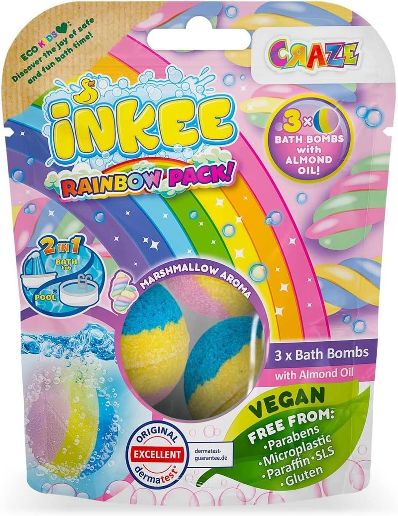 Inkee Rainbow Pack Bath Bombs - 3pcs Vegan Bath Bombs with Almond Oil & Marshmallow Aroma for Kids - Image 3