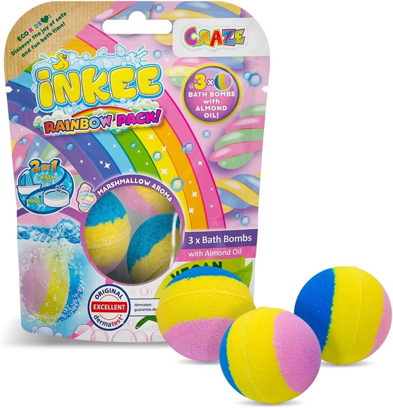 Inkee Rainbow Pack Bath Bombs - 3pcs Vegan Bath Bombs with Almond Oil & Marshmallow Aroma for Kids - Image 1
