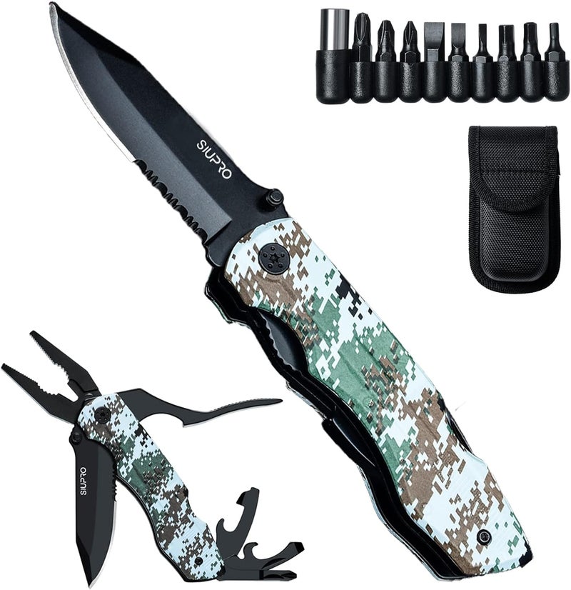 SIUPRO Multitool Pocket Knife Set for Men, Christmas Stocking Stuffers Gifts for Dad Husband, Multipurpose 9-in-1 screwdriver kit, Multi Tool Pliers with Nylon Sheath for Camping, Camo - Image 1