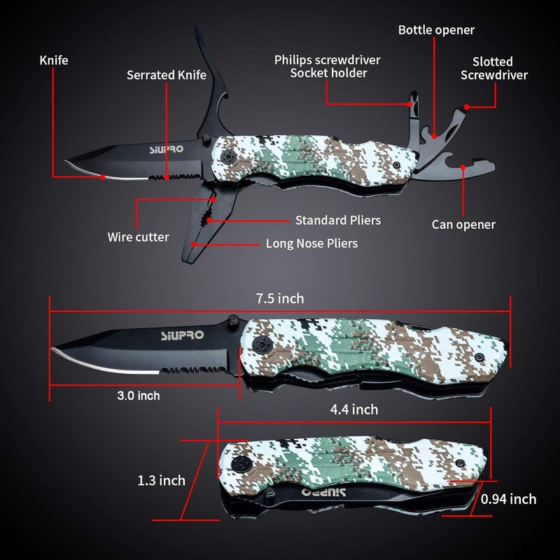 SIUPRO Multitool Pocket Knife Set for Men, Christmas Stocking Stuffers Gifts for Dad Husband, Multipurpose 9-in-1 screwdriver kit, Multi Tool Pliers with Nylon Sheath for Camping, Camo - Image 2