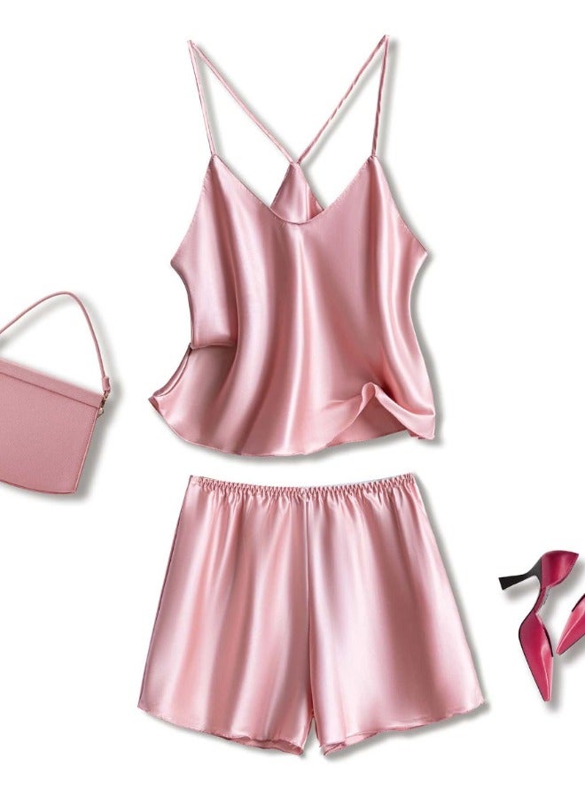 شيبشيب طقم بيجامة ساتان للنساء - بيجامة حريرية الملمس بتصميم حمالة وشورت للنوم - Image 2