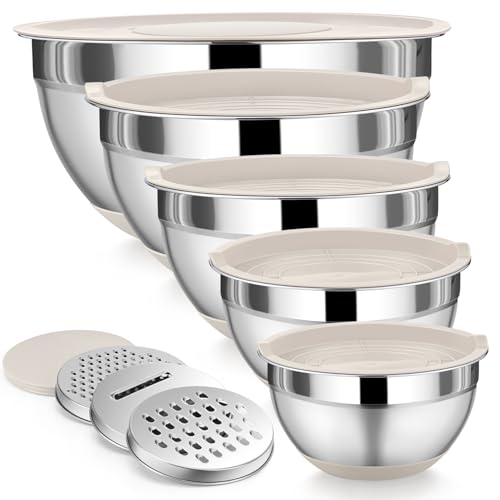 P&P CHEF PP CHEF Mixing Bowl with Lid Set 5 Piece Stainless Steel Mixing Nesting Bowls for Salad Storage 3 Grater Attachments NonSlip Bottoms Size 1152 2646 QT Khaki - Image 1