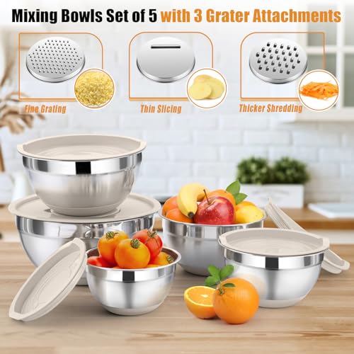 P&P CHEF PP CHEF Mixing Bowl with Lid Set 5 Piece Stainless Steel Mixing Nesting Bowls for Salad Storage 3 Grater Attachments NonSlip Bottoms Size 1152 2646 QT Khaki - Image 3