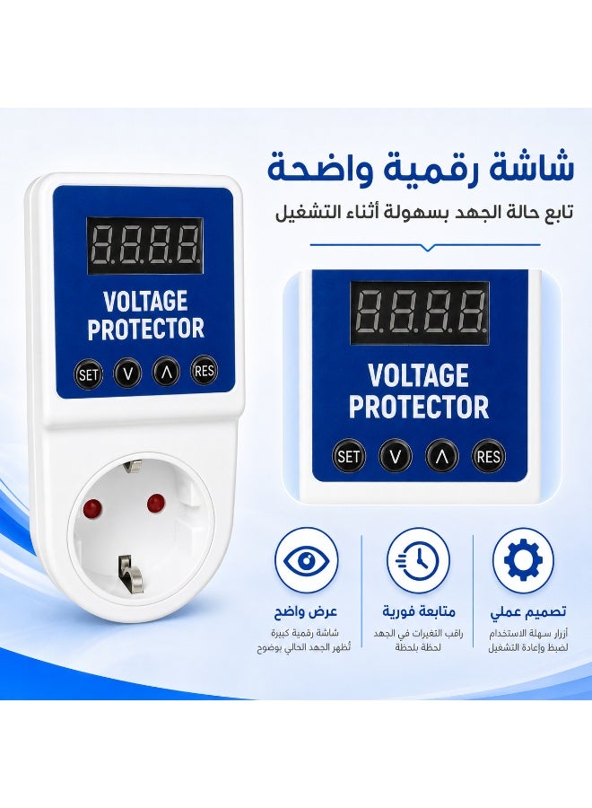 جهاز حماية من ارتفاع وانخفاض الجهد الكهربائي بشاشة رقمية، واقي فولت ذكي بفصل وإعادة توصيل تلقائي وتأخير تشغيل قابل للضبط للتلفزيون والكمبيوتر والأجهزة المنزلية - Image 2