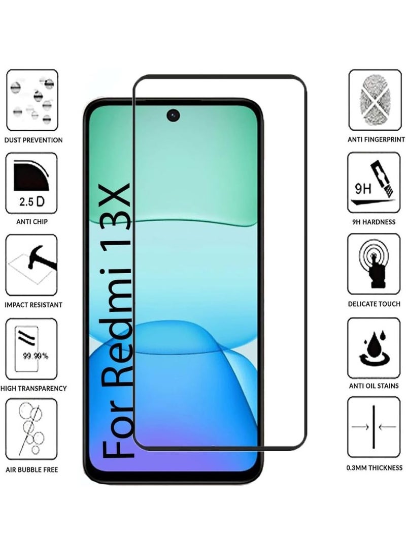 Muzz حماية شاشة مصممة لـ Redmi 13x لاصق كامل خالي من الفقاعات مضاد للخدش مضاد لبصمات الأصابع صلابة 9H زجاج مقسى بحواف منحنية 3D لـ Redmi 13X - Image 3