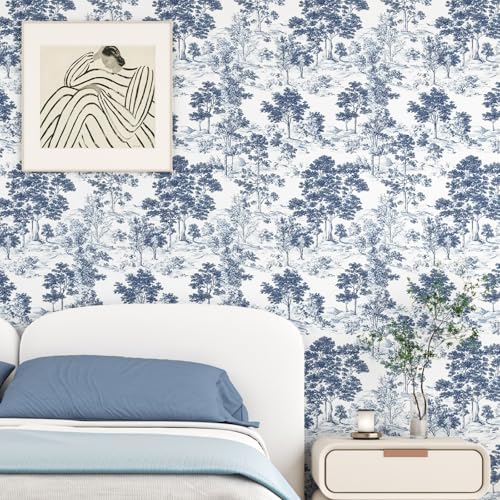 VOLEAAR Peel and Stick Wallpaper Thick Self Adhesive Vinyl Roll Removable Waterproof Contact Paper for Bedroom Bathroom Cabinet Accent Wall Vintage Toile de Jouy Landscape Decor Navy White 175 x 118 - Image 3