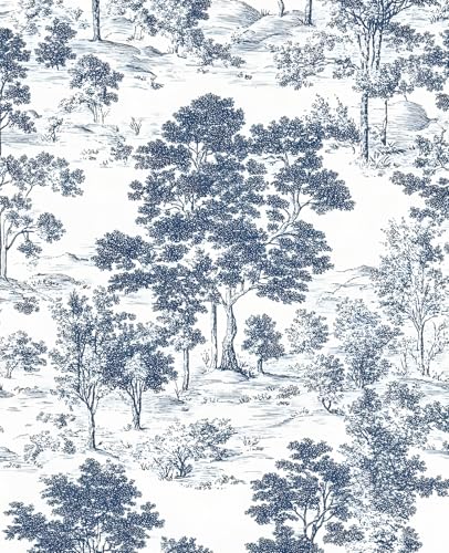 VOLEAAR Peel and Stick Wallpaper Thick Self Adhesive Vinyl Roll Removable Waterproof Contact Paper for Bedroom Bathroom Cabinet Accent Wall Vintage Toile de Jouy Landscape Decor Navy White 175 x 118 - Image 1