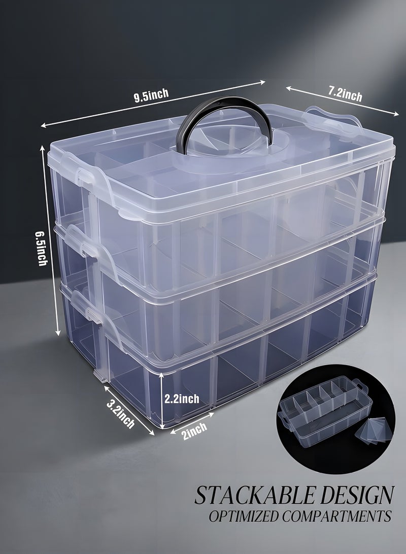 بيوينتي صندوق تخزين مكدس ذو 3 طبقات مع 30 قسمًا قابلًا للتعديل، صندوق منظم بلاستيكي لتخزين الألعاب، ملحقات التطريز، الخيوط، أنابيب تخزين الأدوات، إلخ. - Image 3
