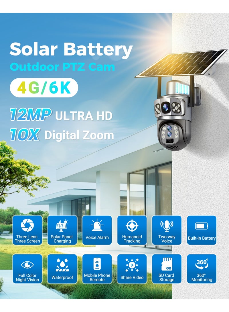 Generic Three Lens 4G Solar Security Cameras Outdoor, 10X Zoom 6K Cameras for Home Security, 12MP 360° View Battery Camera, Color Night Vision, AI Human Detection, PIR Alarm, 2-Way Audio, Weatherproof  - Image 2