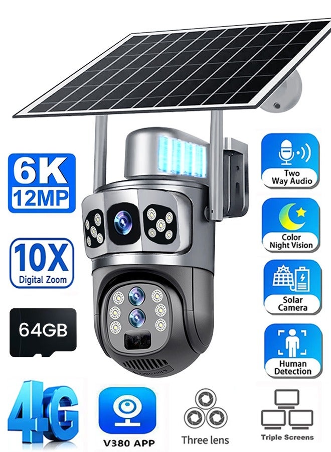 Generic Three Lens 4G Solar Security Cameras Outdoor, 10X Zoom 6K Cameras for Home Security, 12MP 360° View Battery Camera, Color Night Vision, AI Human Detection, PIR Alarm, 2-Way Audio, Weatherproof  - Image 1