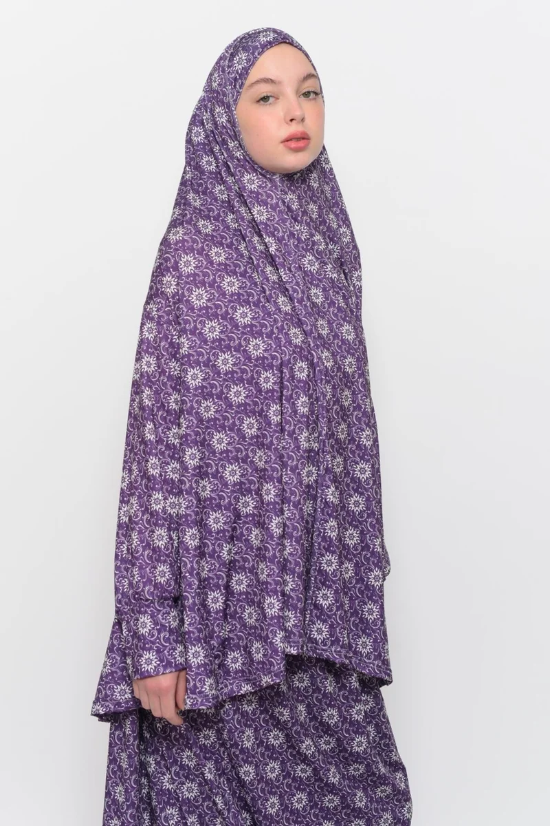 التوبة Practical Two Piece Sun Patterned Bat Sleeves Lycra Hijab Prayer Dress with Headscarf 992 0318