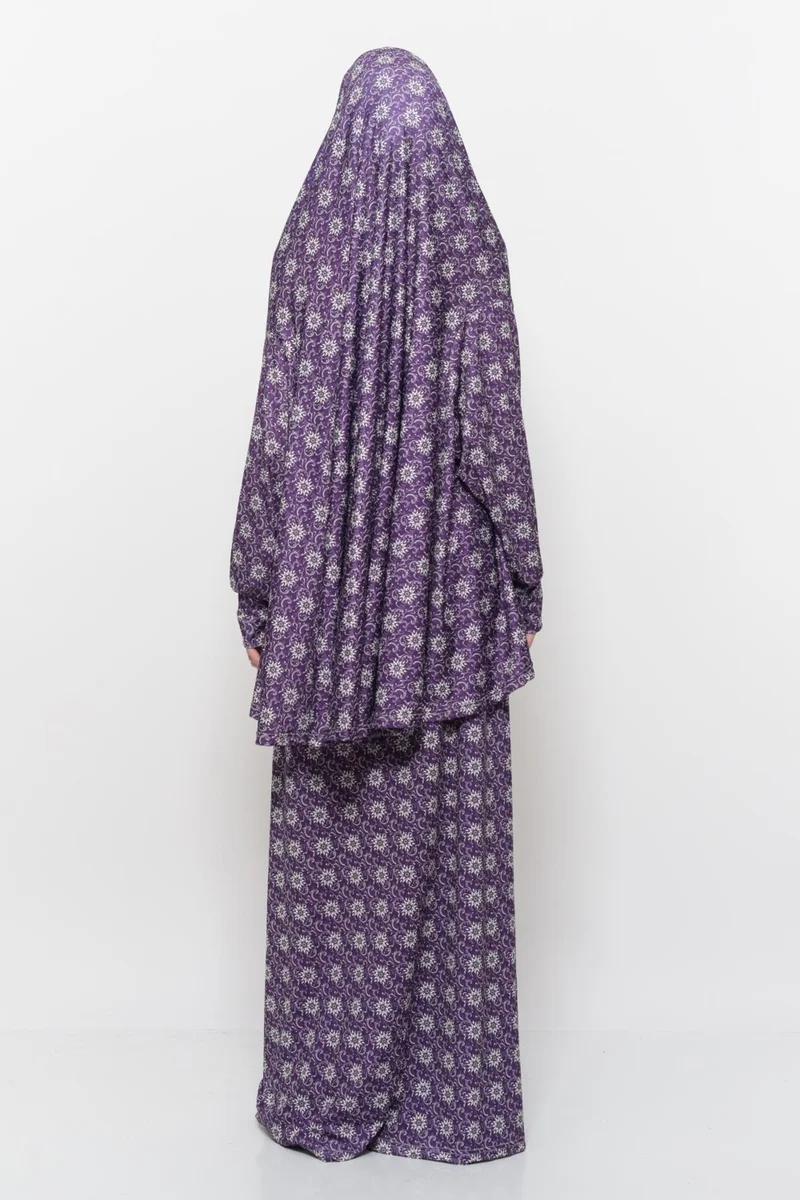 التوبة Practical Two Piece Sun Patterned Bat Sleeves Lycra Hijab Prayer Dress with Headscarf 992 0318