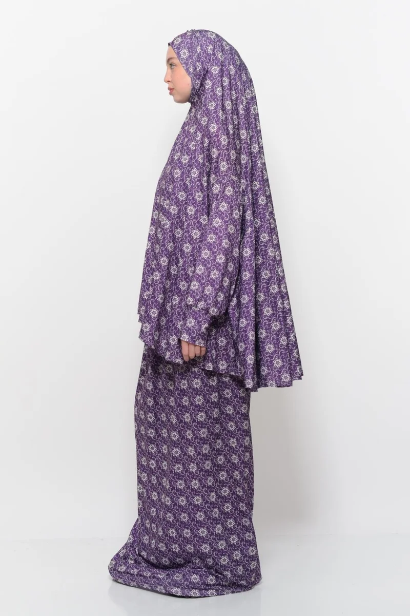 التوبة Practical Two Piece Sun Patterned Bat Sleeves Lycra Hijab Prayer Dress with Headscarf 992 0318
