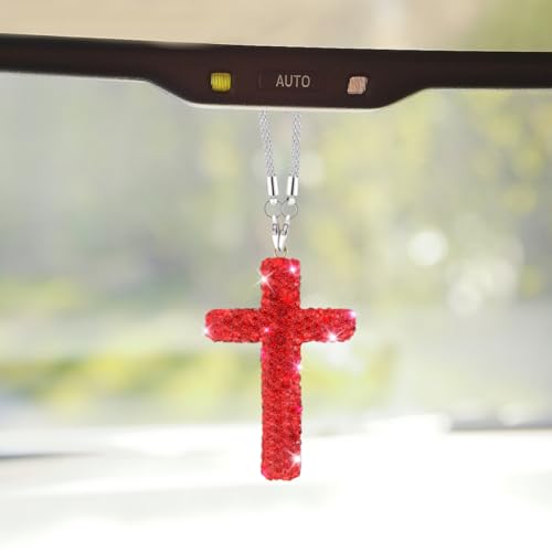 ZIMISI Bling Cross Car Hanging Ornament Crystal Rhinestone Car Rearview Mirror Pendant for Women Diamond Rear View Mirror Charm Present Universal Vehicle Interior Decoration Accessory Red - Image 1