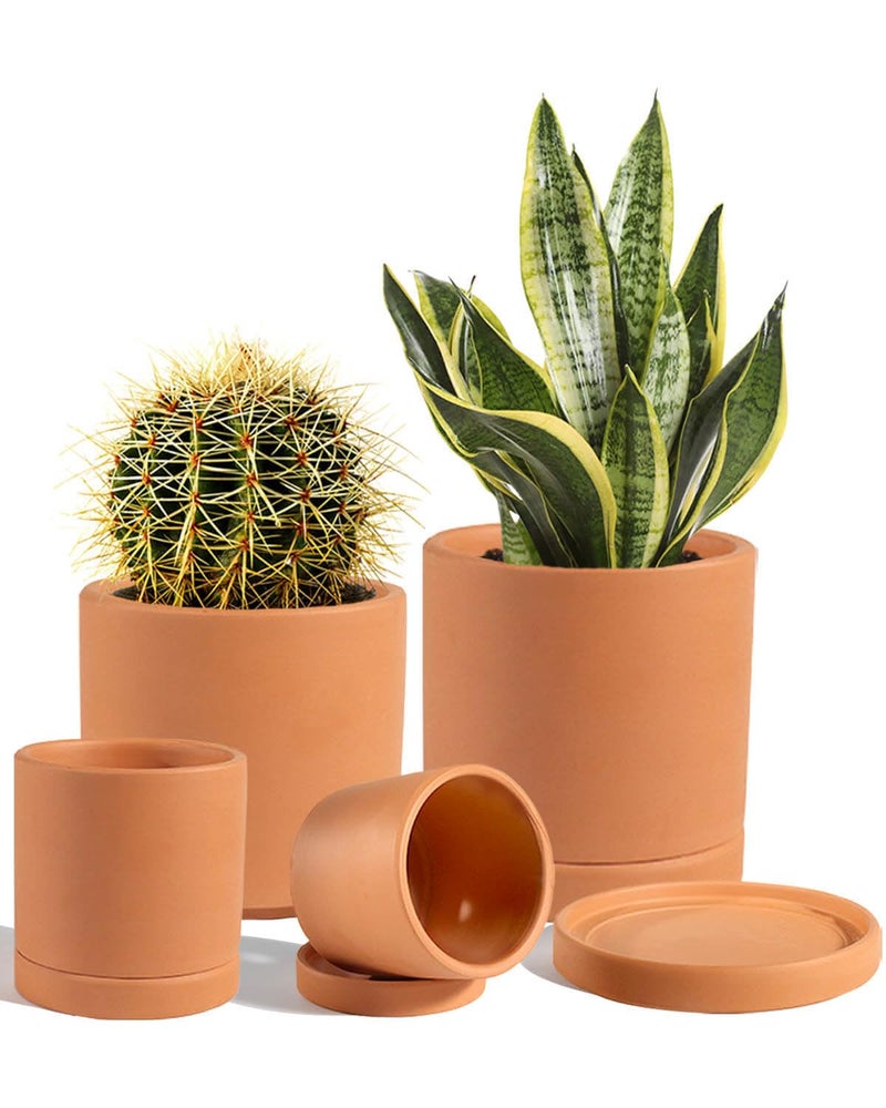 vensovo Terracotta Pots with Drainage and Saucers - 3.5/4.2/5.2/6.0 Inch Clay Planters Set of 4, Round Cylinder Flower Pots for Succulents, Herbs, Indoor Outdoor Plants - Image 1