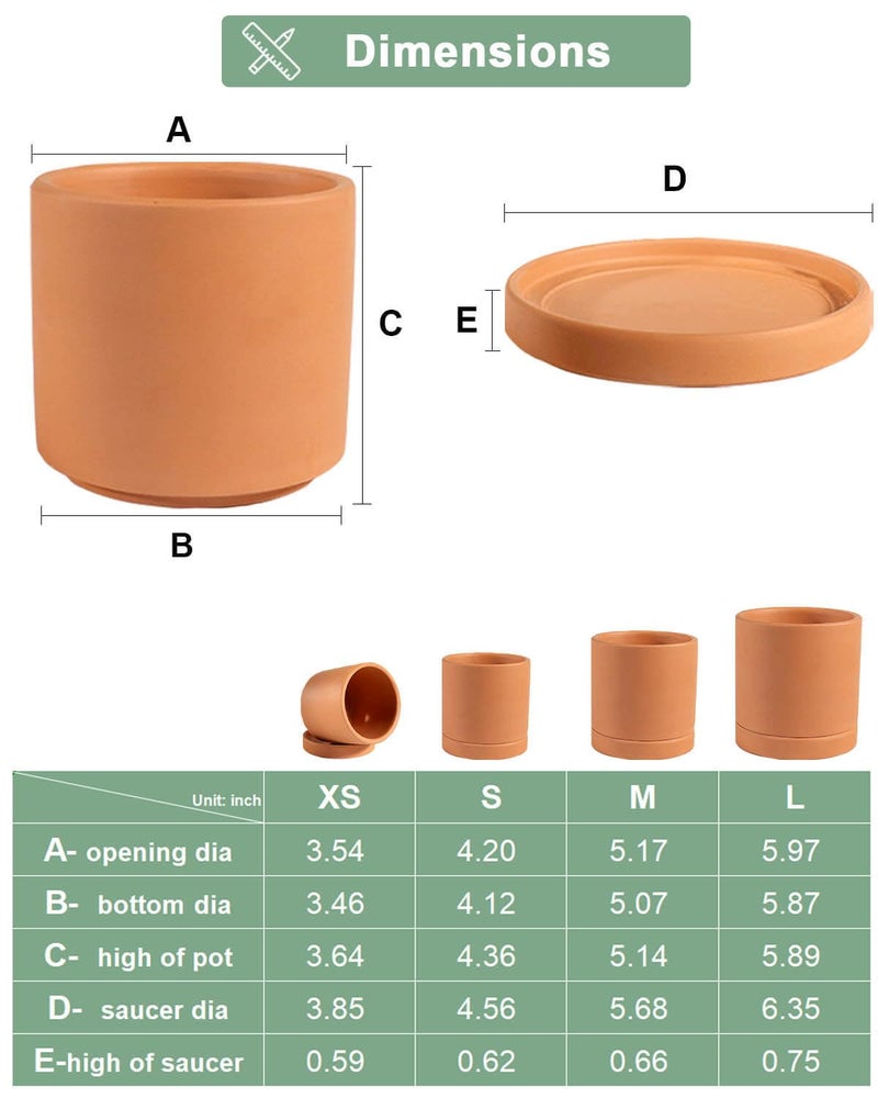 vensovo Terracotta Pots with Drainage and Saucers - 3.5/4.2/5.2/6.0 Inch Clay Planters Set of 4, Round Cylinder Flower Pots for Succulents, Herbs, Indoor Outdoor Plants - Image 2