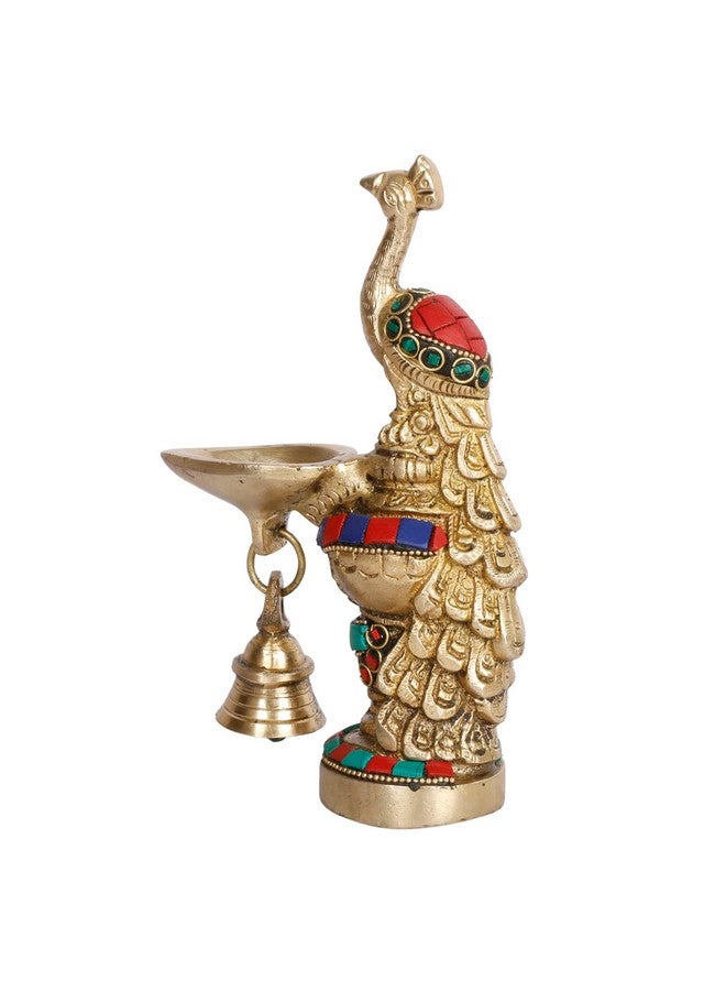 ARTVARKO Peacock Diya with Bell Brass Multicolor Stone Handwork Table Décor for Home Diwali Gift Temple Pooja Gold Color Height 6.5 Inch - Image 4
