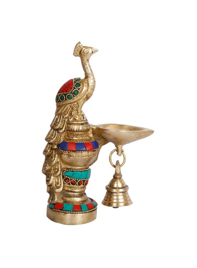 ARTVARKO Peacock Diya with Bell Brass Multicolor Stone Handwork Table Décor for Home Diwali Gift Temple Pooja Gold Color Height 6.5 Inch - Image 2