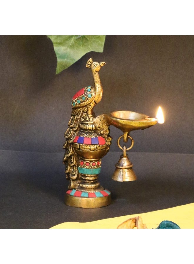 ARTVARKO Peacock Diya with Bell Brass Multicolor Stone Handwork Table Décor for Home Diwali Gift Temple Pooja Gold Color Height 6.5 Inch - Image 1