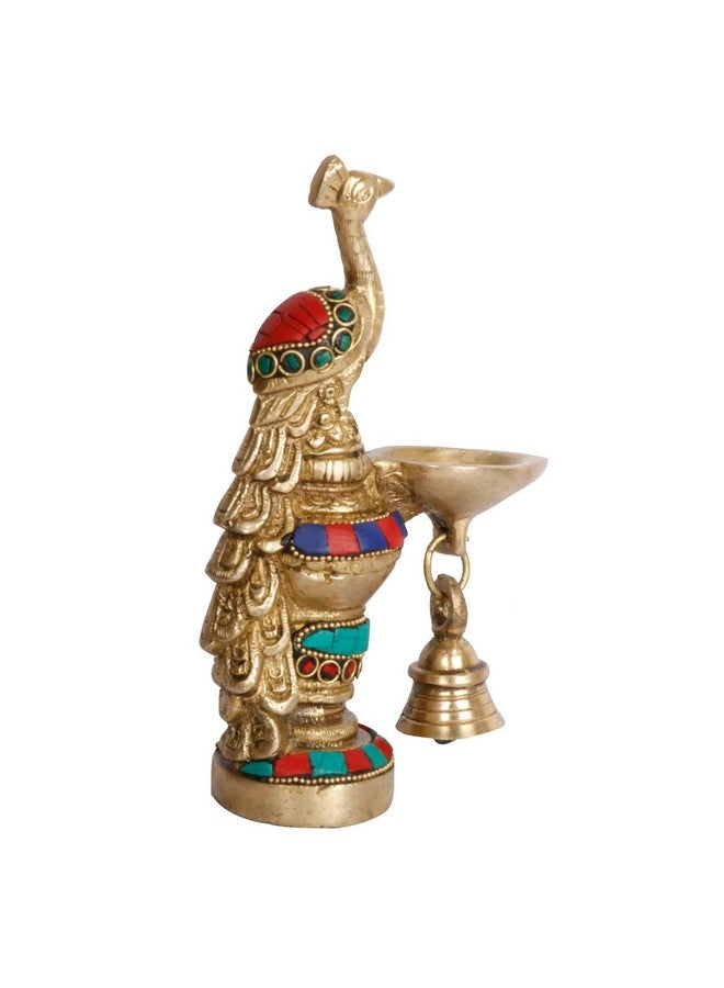 ARTVARKO Peacock Diya with Bell Brass Multicolor Stone Handwork Table Décor for Home Diwali Gift Temple Pooja Gold Color Height 6.5 Inch - Image 3