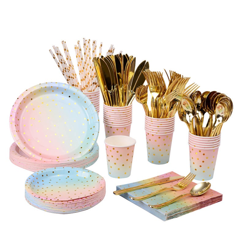 YAOSHENG 200PCS Rainbow Pastel Party Supplies SetDisposable Paper Dinnerware Serves 25 Pastel Paper Plates Napkins CupsGold Plastic Silverware Sets for Wedding Birthday Baby Shower Holiday PartiesColorful