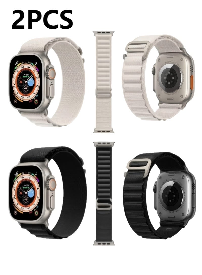شريط Alpine Loop من قطعتين لساعة Apple Watch مقاس 49 مم/45 مم/44 مم مصنوع من النايلون المنسوج رياضيًا لساعة Apple Watch Series 8/Ultra/7/SE/6/5/4/3/2/8 أبيض/أسود - Image 1