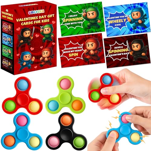 Gocozer 28 Pack Ninja Valentines Day Cards for Kids with Fidget Spinners Toys Sensory Fidget Toys for School Classroom Valentines Gifts Exchange Spinners Toy for Valentines Party Favors - Image 1