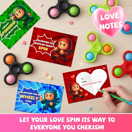 Gocozer 28 Pack Ninja Valentines Day Cards for Kids with Fidget Spinners Toys Sensory Fidget Toys for School Classroom Valentines Gifts Exchange Spinners Toy for Valentines Party Favors - Image 5