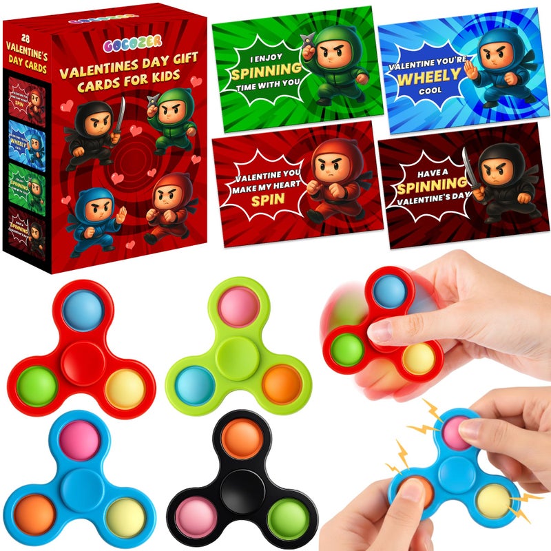 Gocozer 28 Pack Ninja Valentines Day Cards for Kids with Fidget Spinners Toys Sensory Fidget Toys for School Classroom Valentines Gifts Exchange Spinners Toy for Valentines Party Favors - Image 3